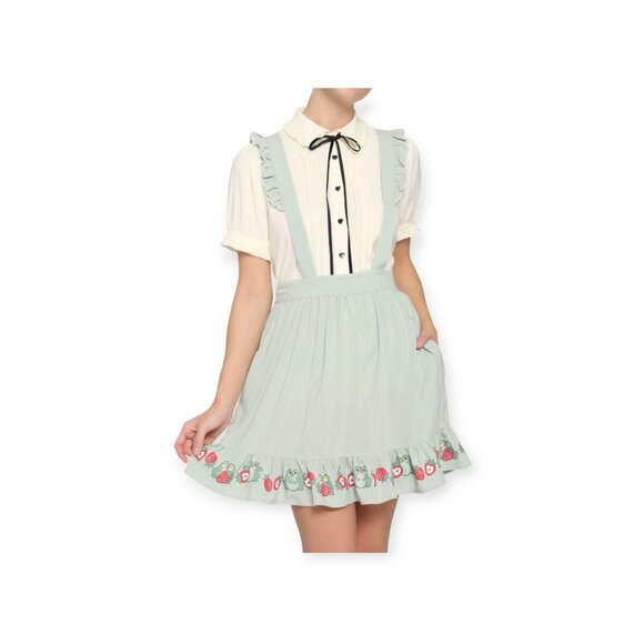 Hot Topic Ruffle Suspender Skirt Frogs Strawberries Cottagecore Kawaii Teal M - Picture 9 of 9